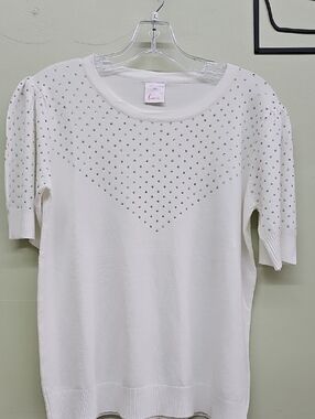 Like New Women White Short-Sleeve Rhinestone Sweater Top